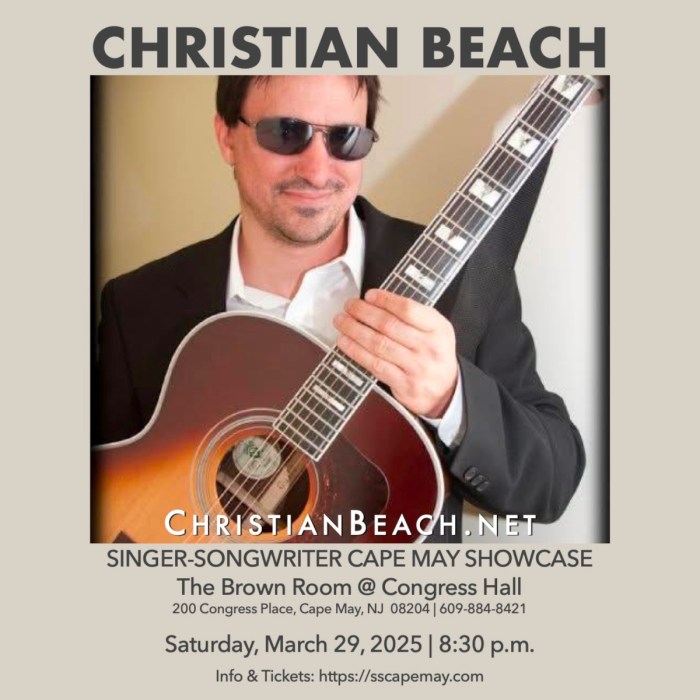 Graphic promoting a live show for singer-songwriter Christian Beach at The Brown Room at Congress Hall in Cape May, New Jersey, on Saturday, March 29, 2025, at 8:30 p.m. ET
