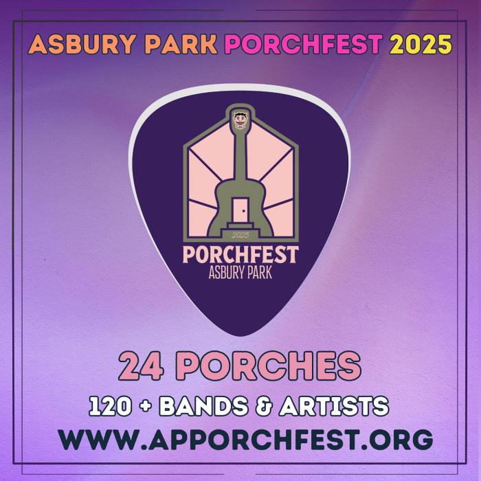 Asbury Park Porchfest graphic with guitar pick logo and text reading 24 porches, 120+ bands and artists...apporchfest.org