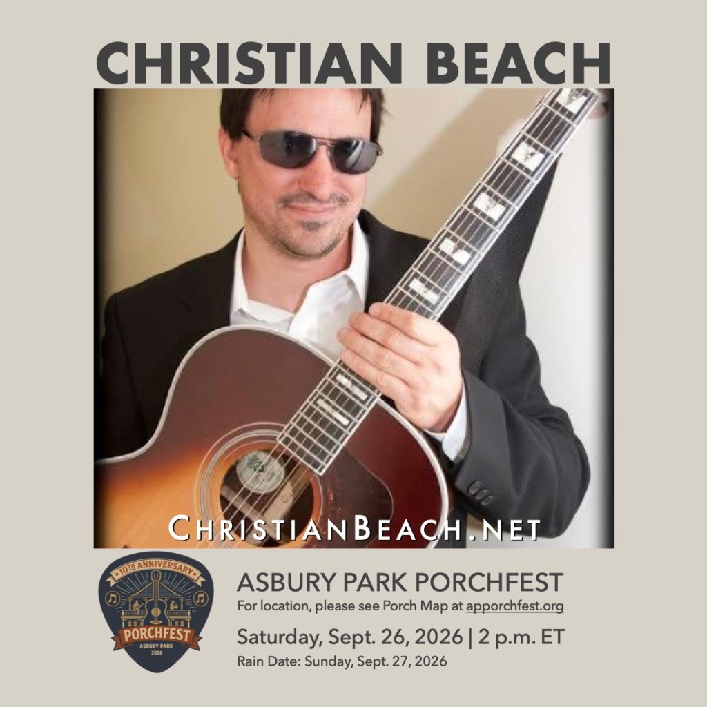 Flyer promoting Christian Beach's appearance at Asbury Park Porchfest 2026 on Saturday, September 26, 2026 (rain date: Sunday, September 27, 2026)